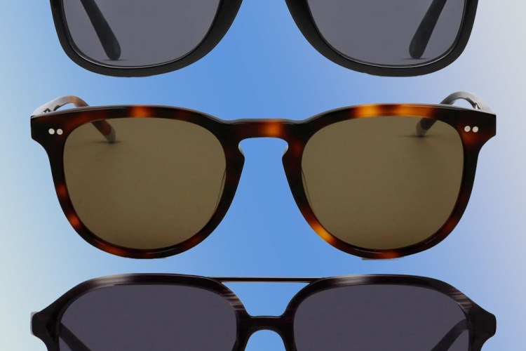 a collage of sunglasses from GlassesUSA on a blue and white gradient background