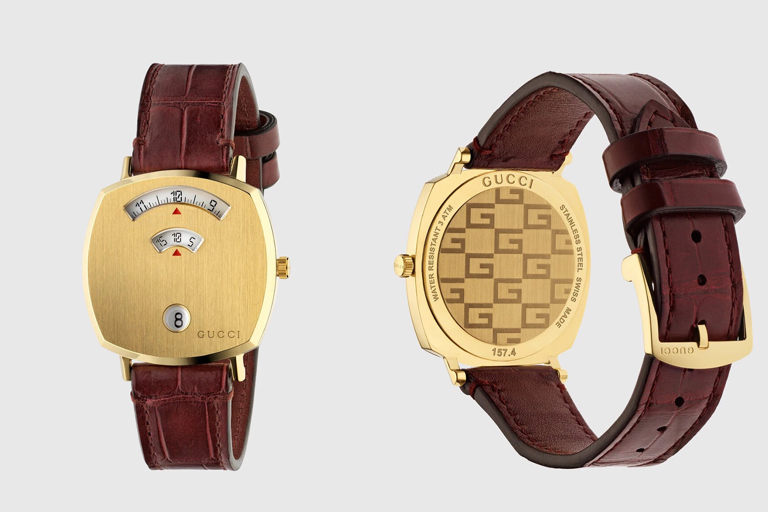 a Front and rear shot of the Gucci Grip watch with Bordeaux strap