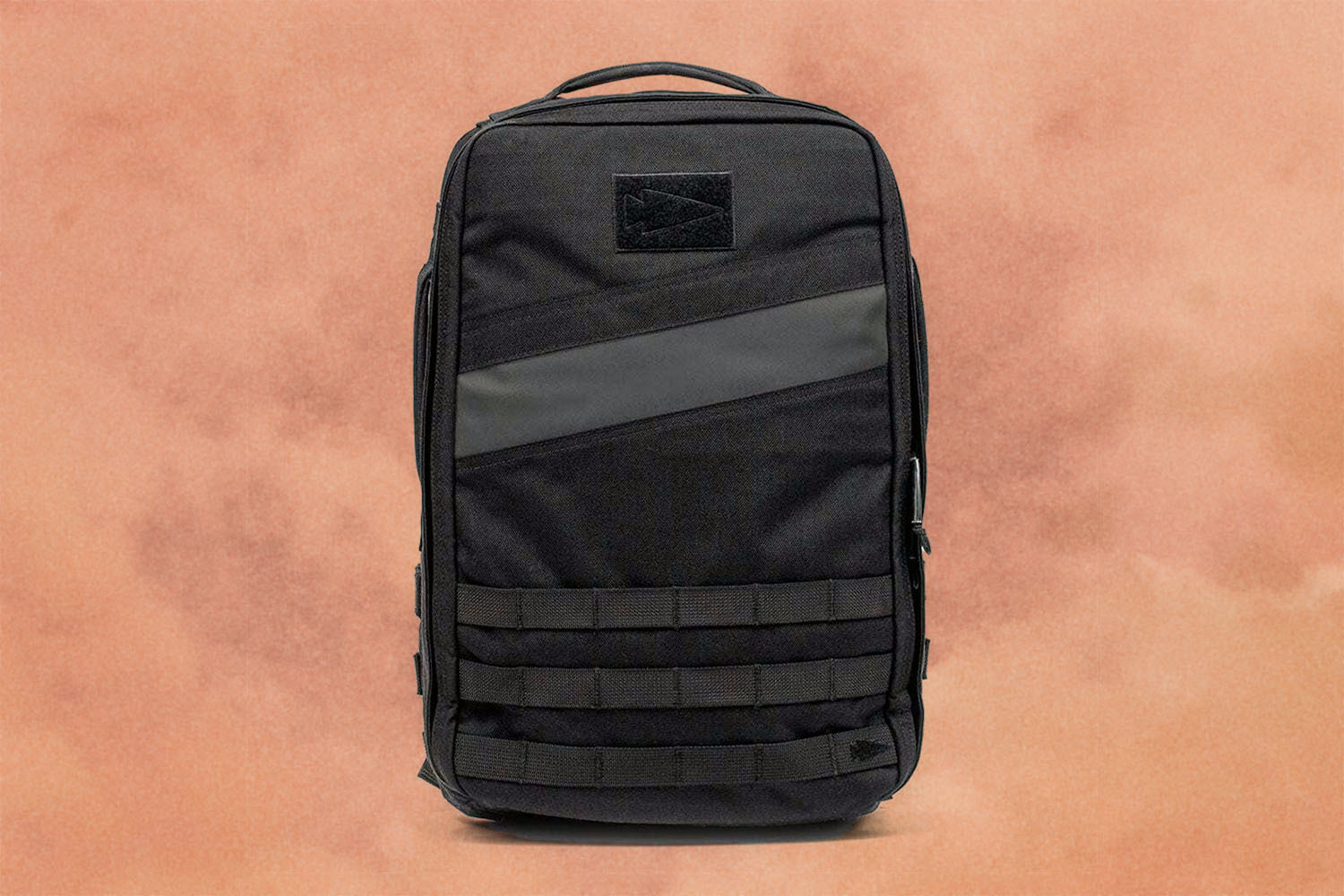 A rucksack against an orange background.