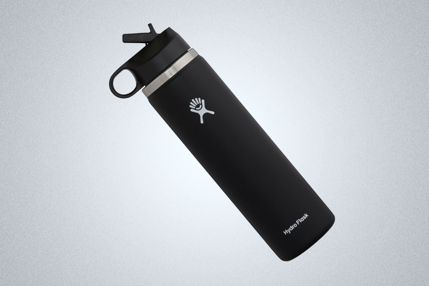 a black water bottle on a grey background