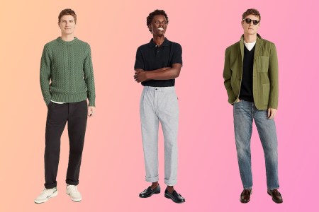 a collage of J.Crew models on a pink-orange gradient background