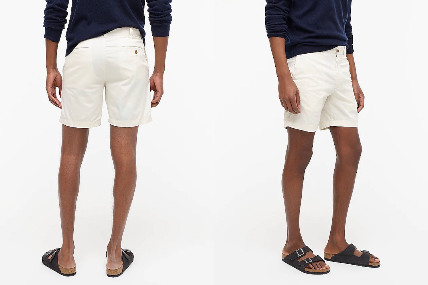 two front and back model shots of the J.Crew chino shorts on a white background