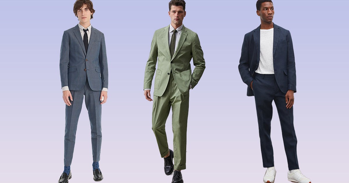 A collage of lightweight suits on a iridescent background