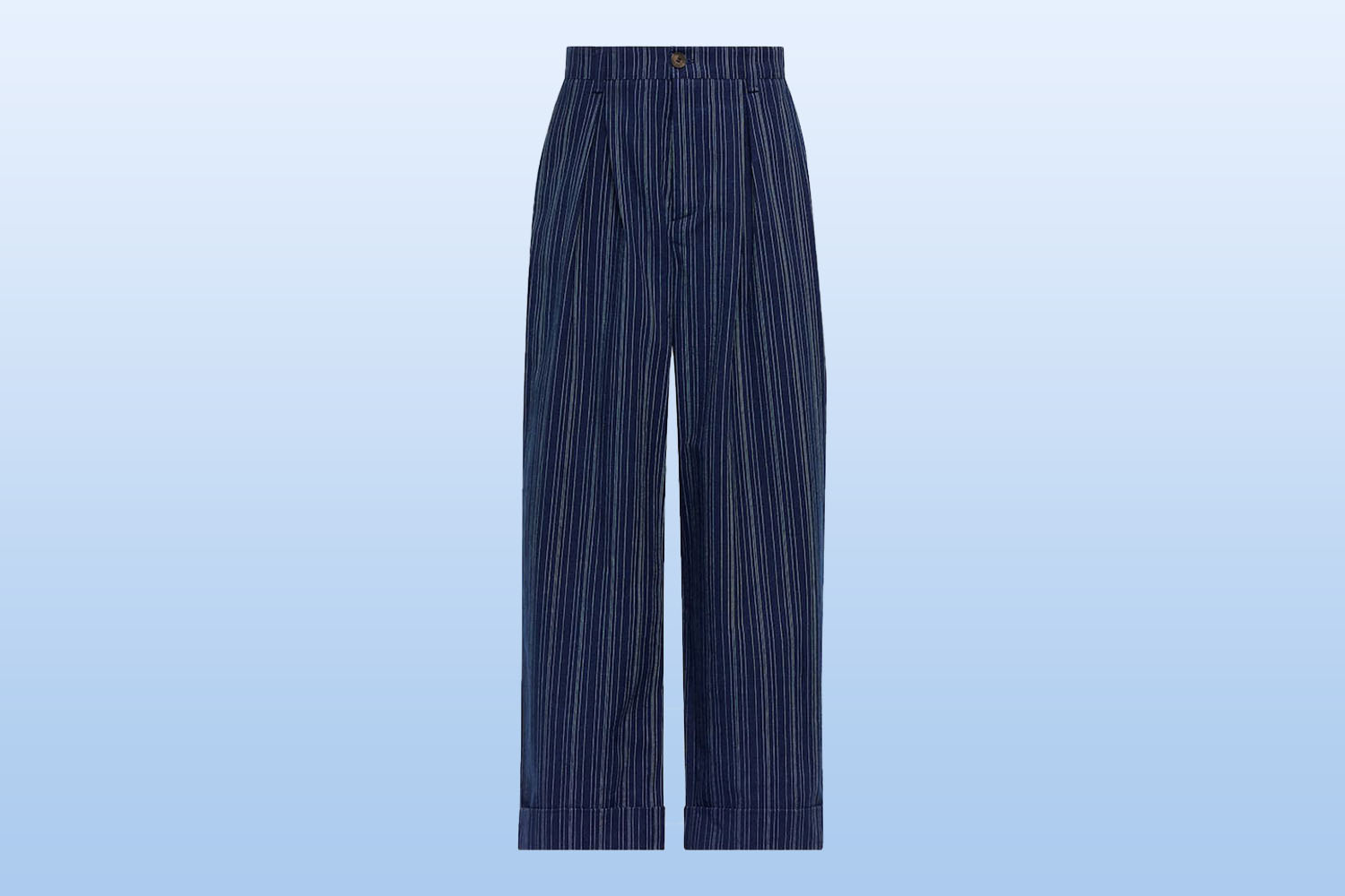 a pair of relaxed blue pants from mytheresa on a light blue background