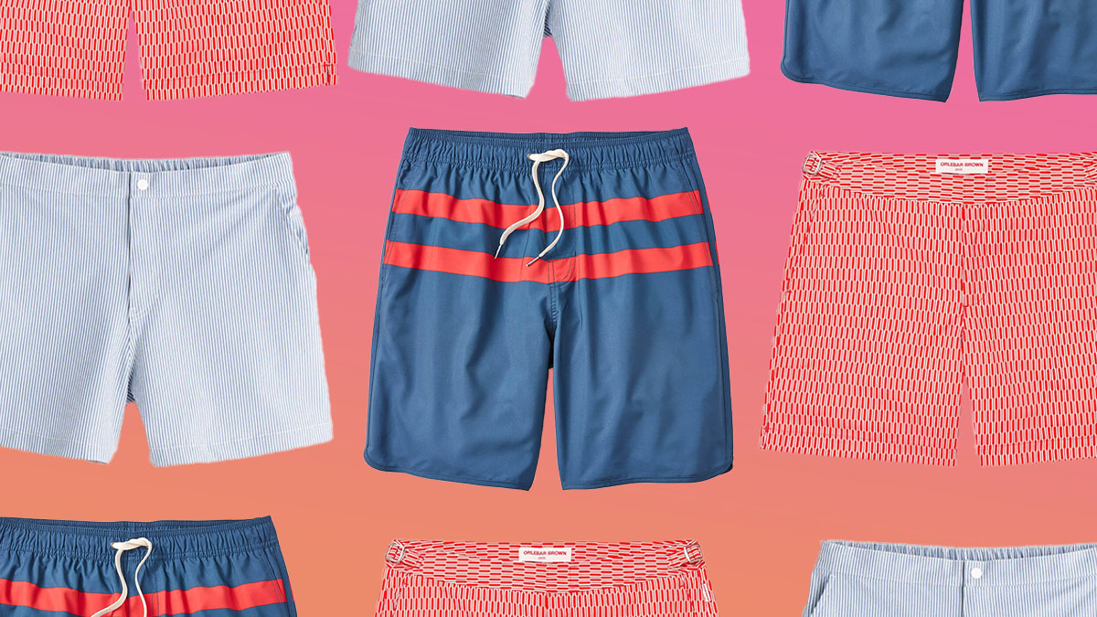 A collage of mens swim trunks on a pink-orange gradient background