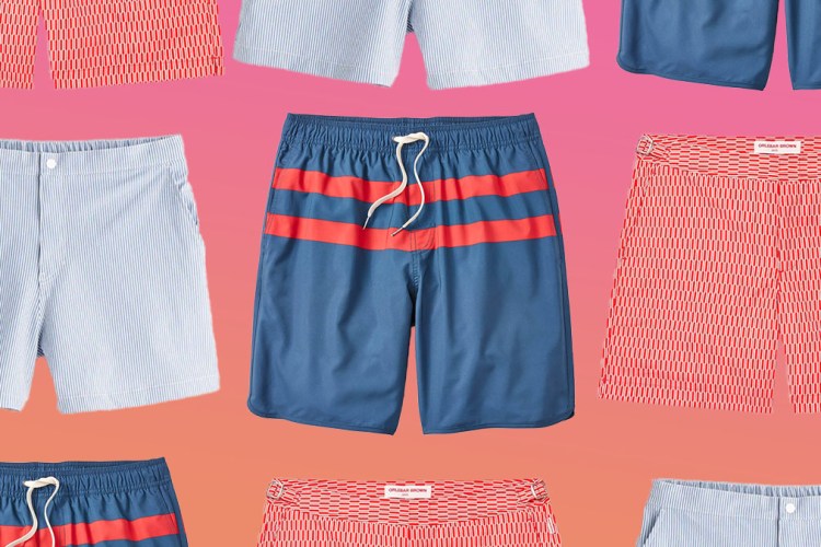 A collage of mens swim trunks on a pink-orange gradient background