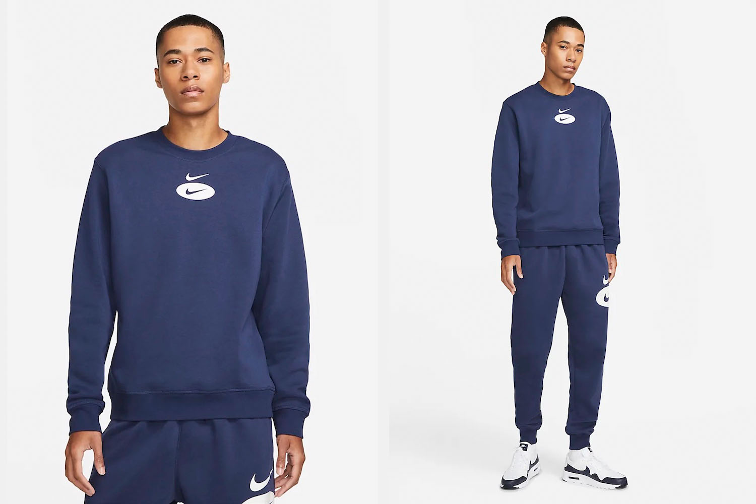 two shots of a Nike model in a blue crewneck on a white background