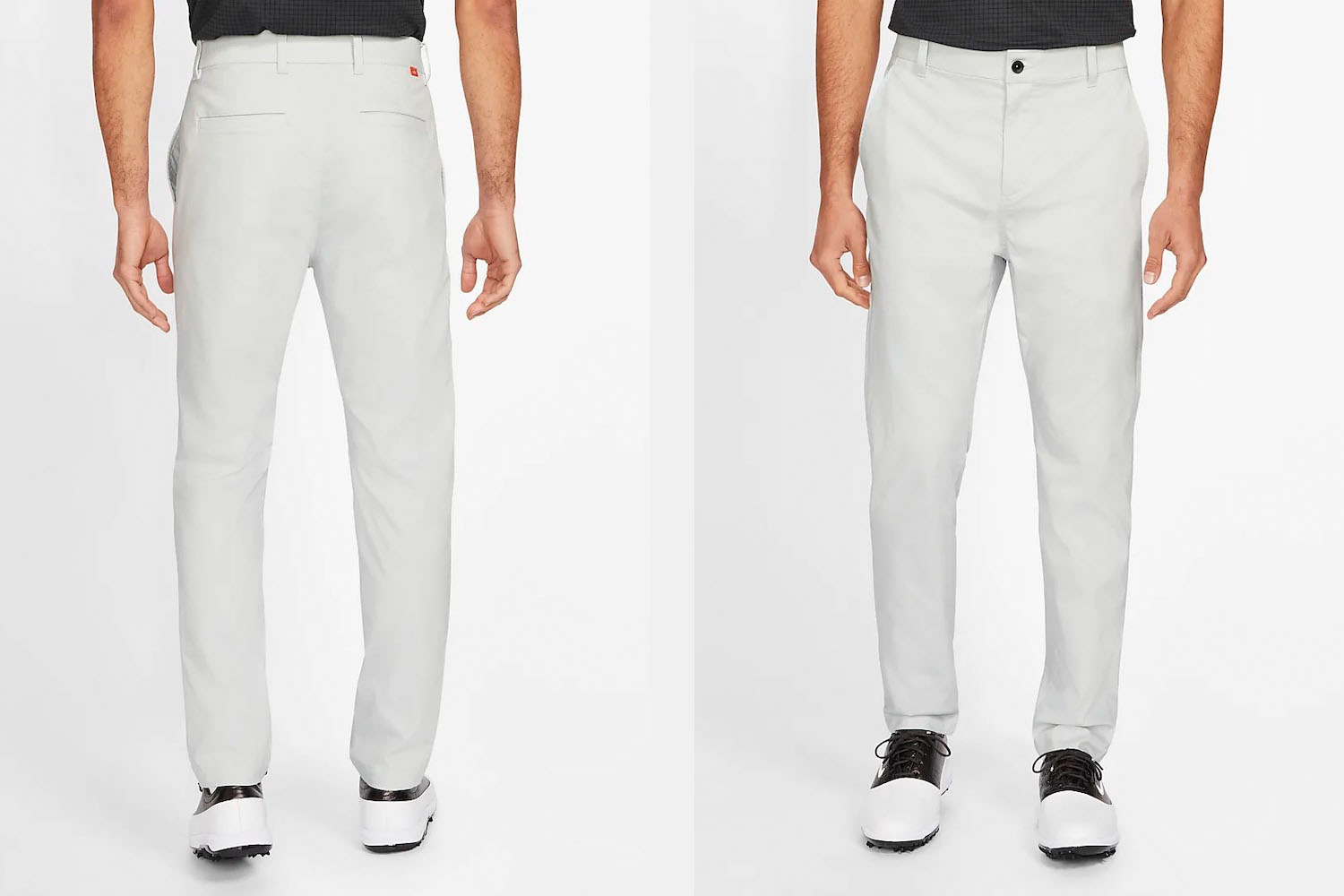 two model shots of a pair of stone colored Nike golf pants on a white background