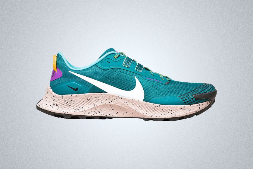 The Nike Pegasus Trail 3 Running Shoe in blue and green and purple