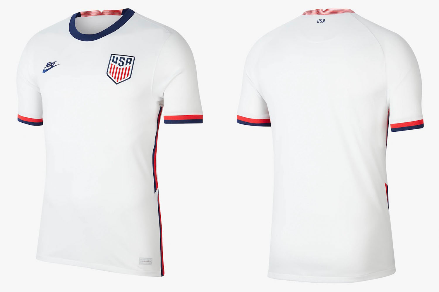 two product shots of a white nike USA soccer jersey on a white background