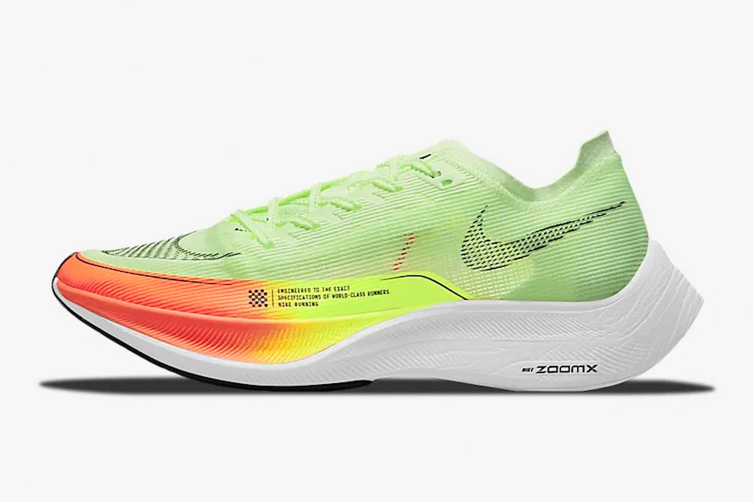 The neon and red Nike Vaporfly running shoe on a white background