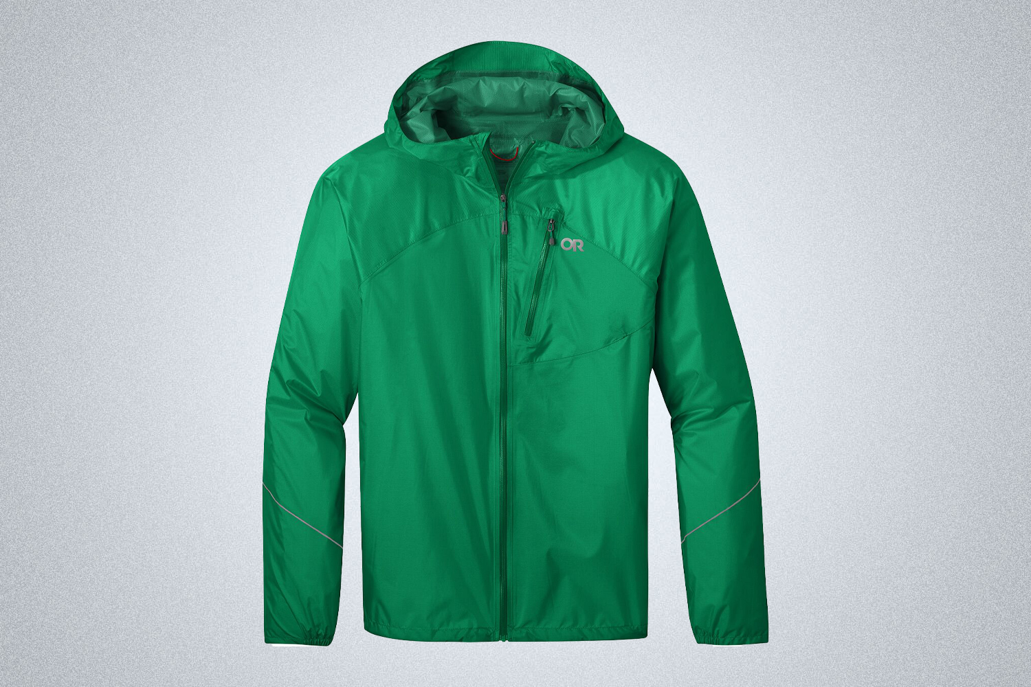 The Outdoor Research Helium Rain Jacket in green, on sale from the Backcountry Memorial Day Sale