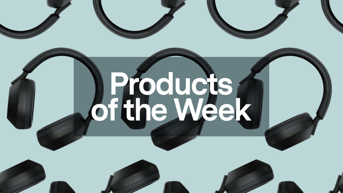 A collage of the new Sony wireless headphones on a light blue background