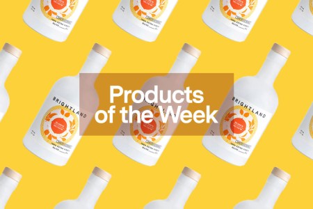 a collage of Brightland Olive Oil on a yellow background