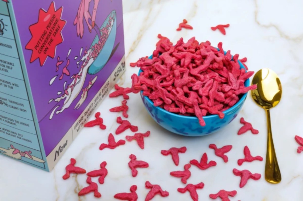 A bowl of raspberry flavored cereal shaped like uteruses called Period Crunch