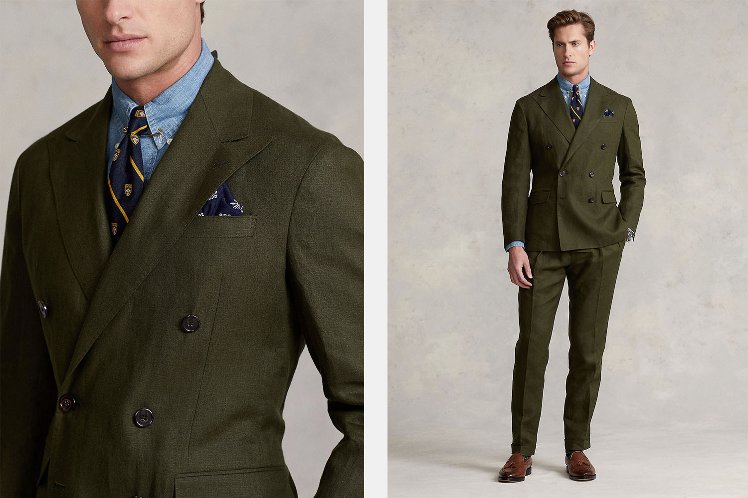 two model shots of a green double breasted Pol Ralph Lauren suit