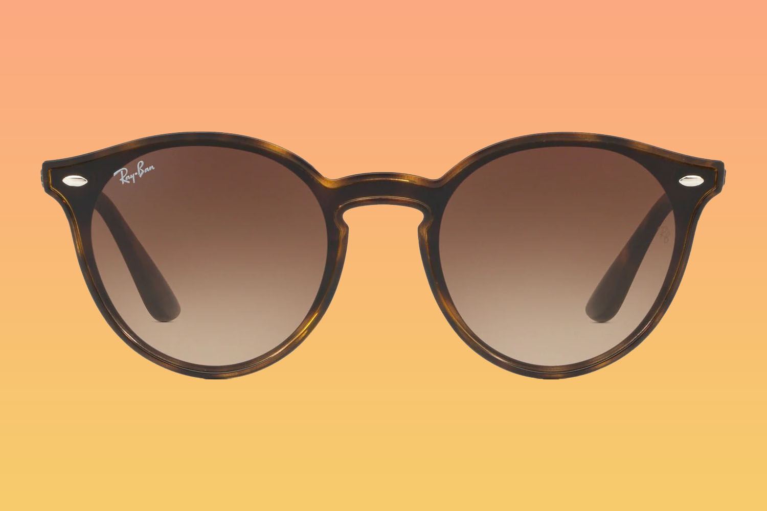 A pair of Ray-Ban sunglasses on a orange-to-yellow gradient background 