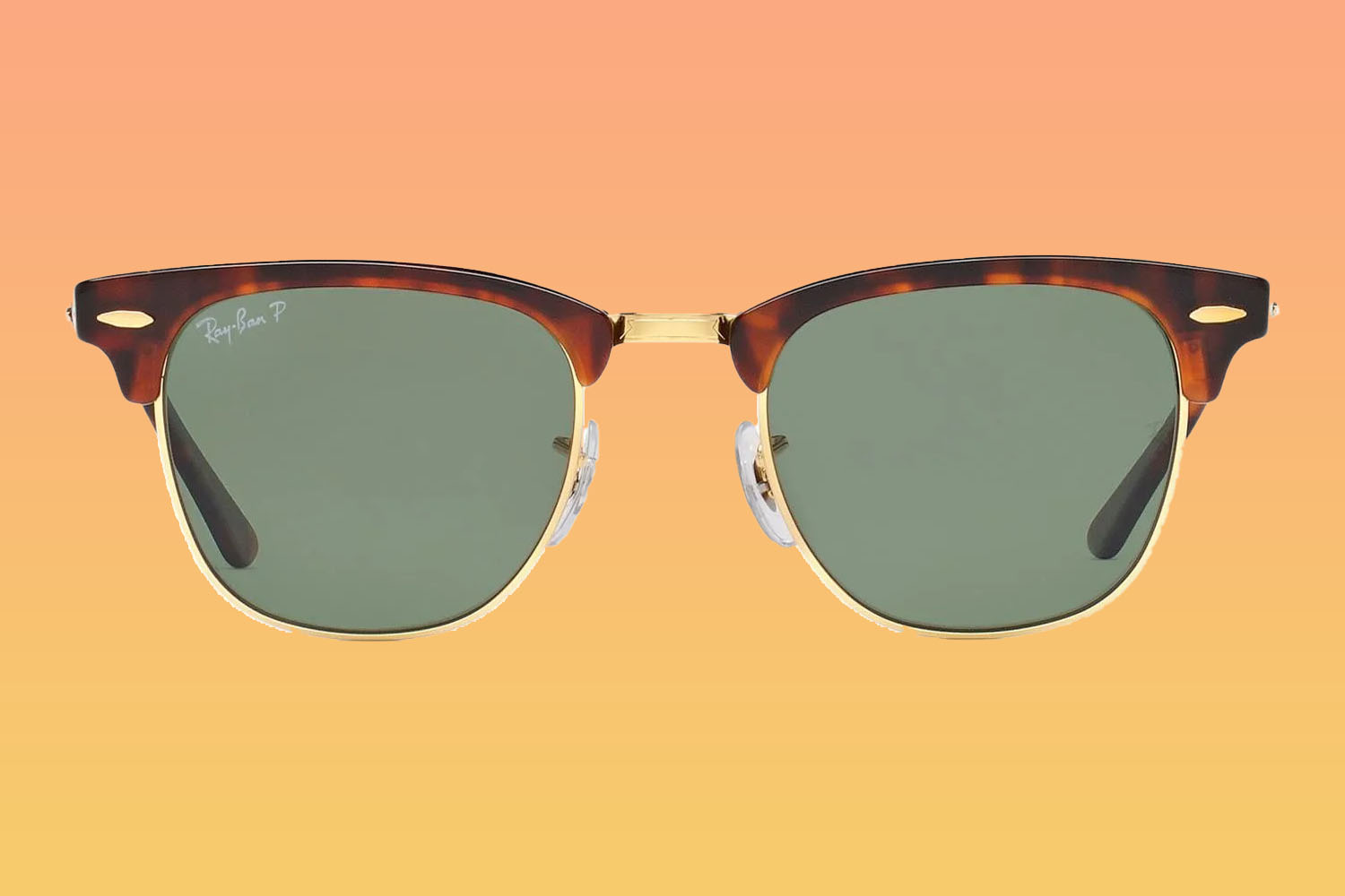 A pair of Ray-Ban sunglasses on a orange-to-yellow gradient background 