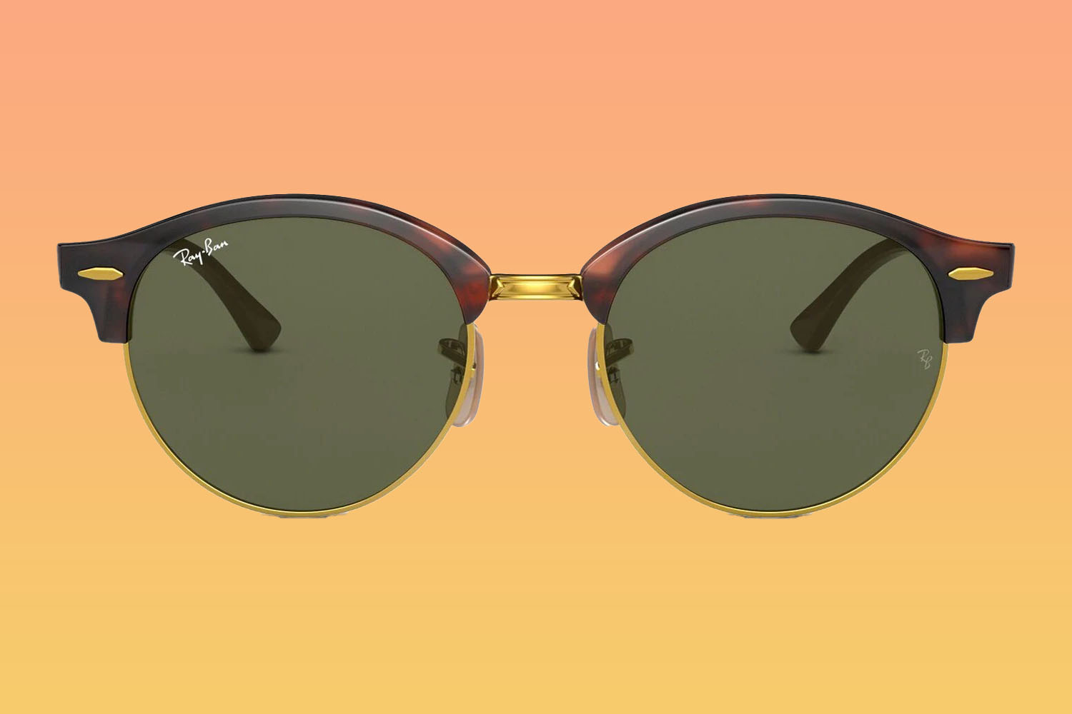 A pair of Ray-Ban sunglasses on a orange-to-yellow gradient background