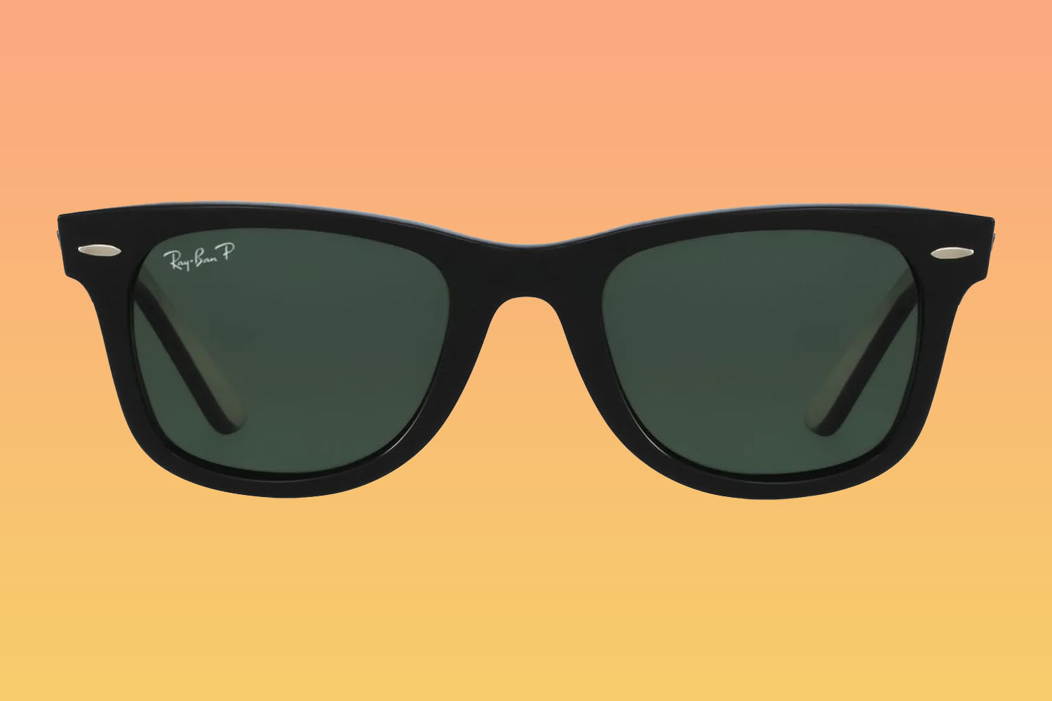 A pair of Ray-Ban sunglasses on a orange-to-yellow gradient background