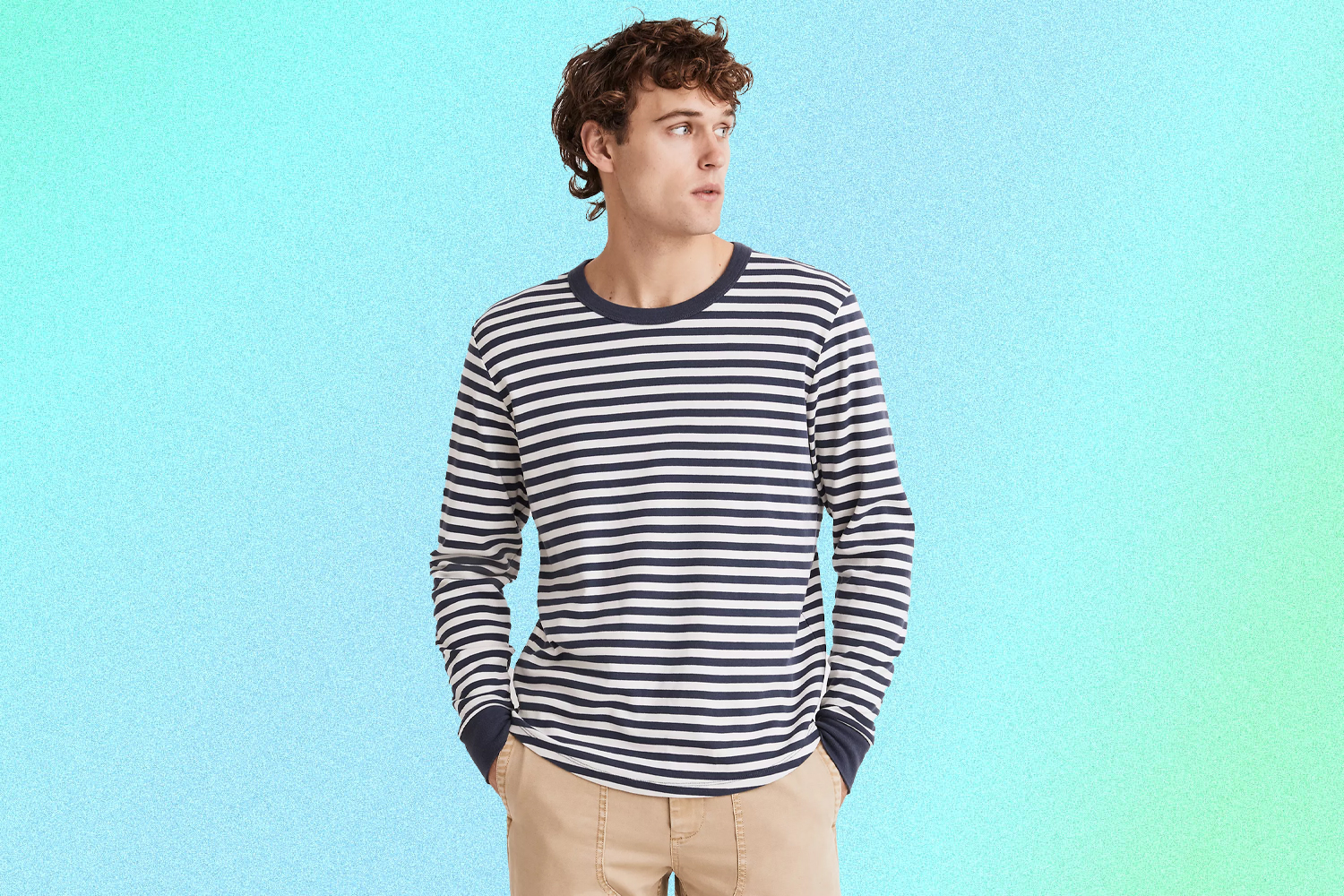 Ribbed Long-Sleeve Relaxed Tee in Stripe