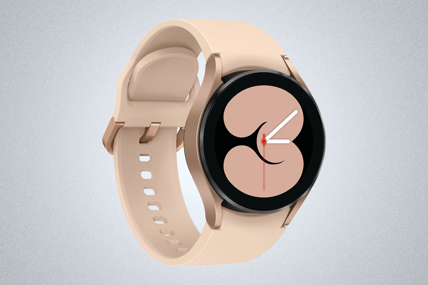 a pink smart watch from Samsung on a grey background