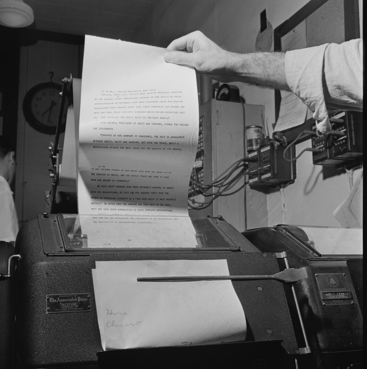This is a picture of a teletype machine at <em>The New York Times </em>in the 1940s. The teletype was basically the precursor to email. They would have rooms full of these machines clacking and whirring away all the time spitting out news. They were on a wire system that would bring in news from all over the world from different news agencies. They had AP teletypes and Reuters teletypes and they would get teletypes from their own international bureaus. It was a very significant piece of technology that I think was much more advanced than one might think for the ‘40s.