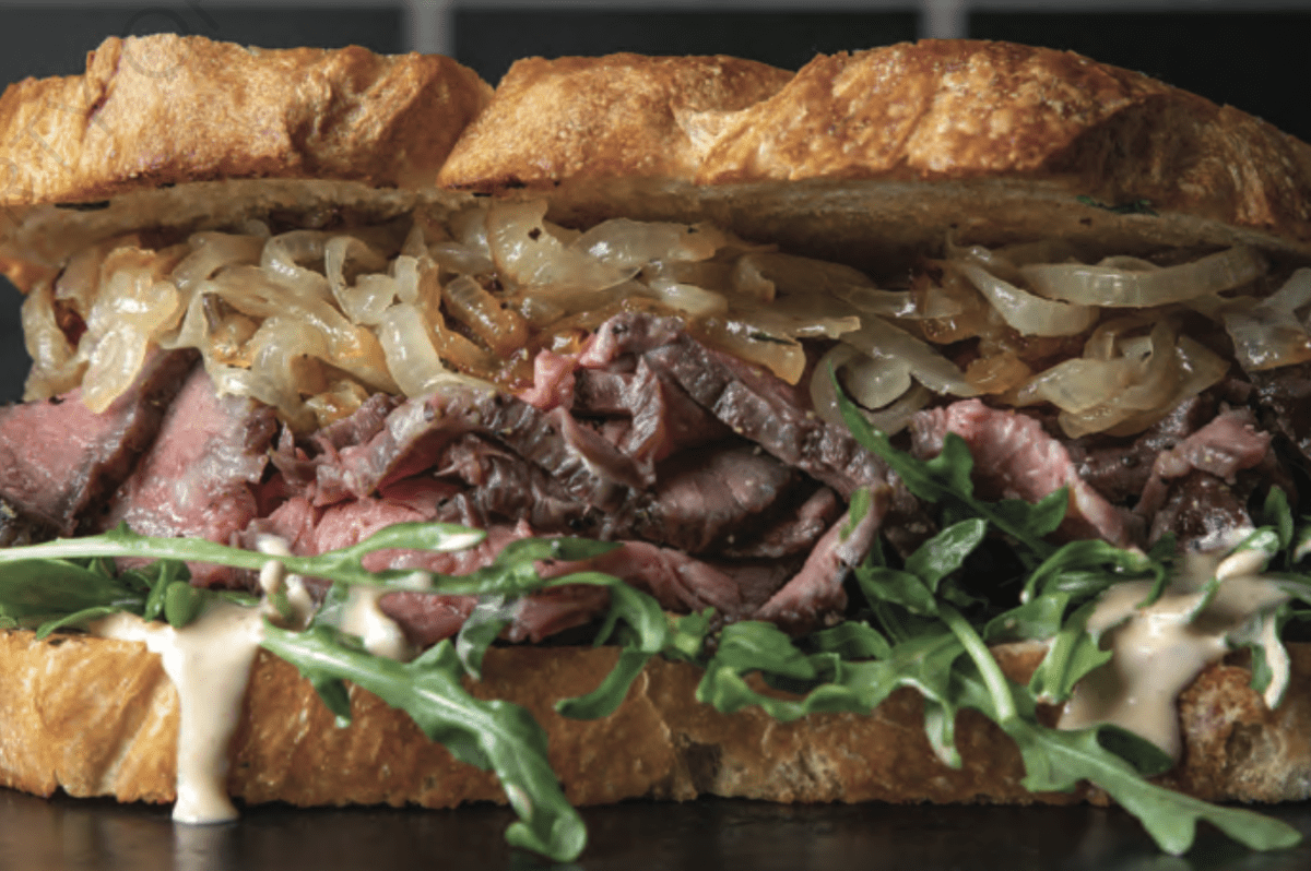 Sam the Cooking Guy's garlic bread steak sandwich from his book "Between the Buns"