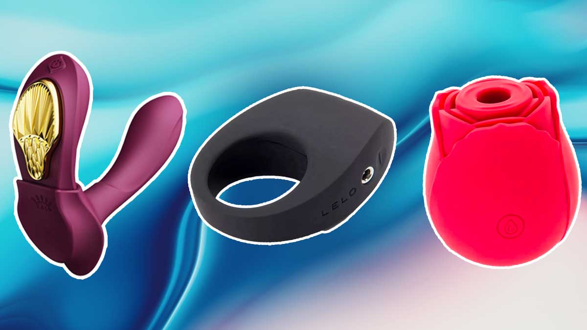 Three sex toys on a blue wavy background.