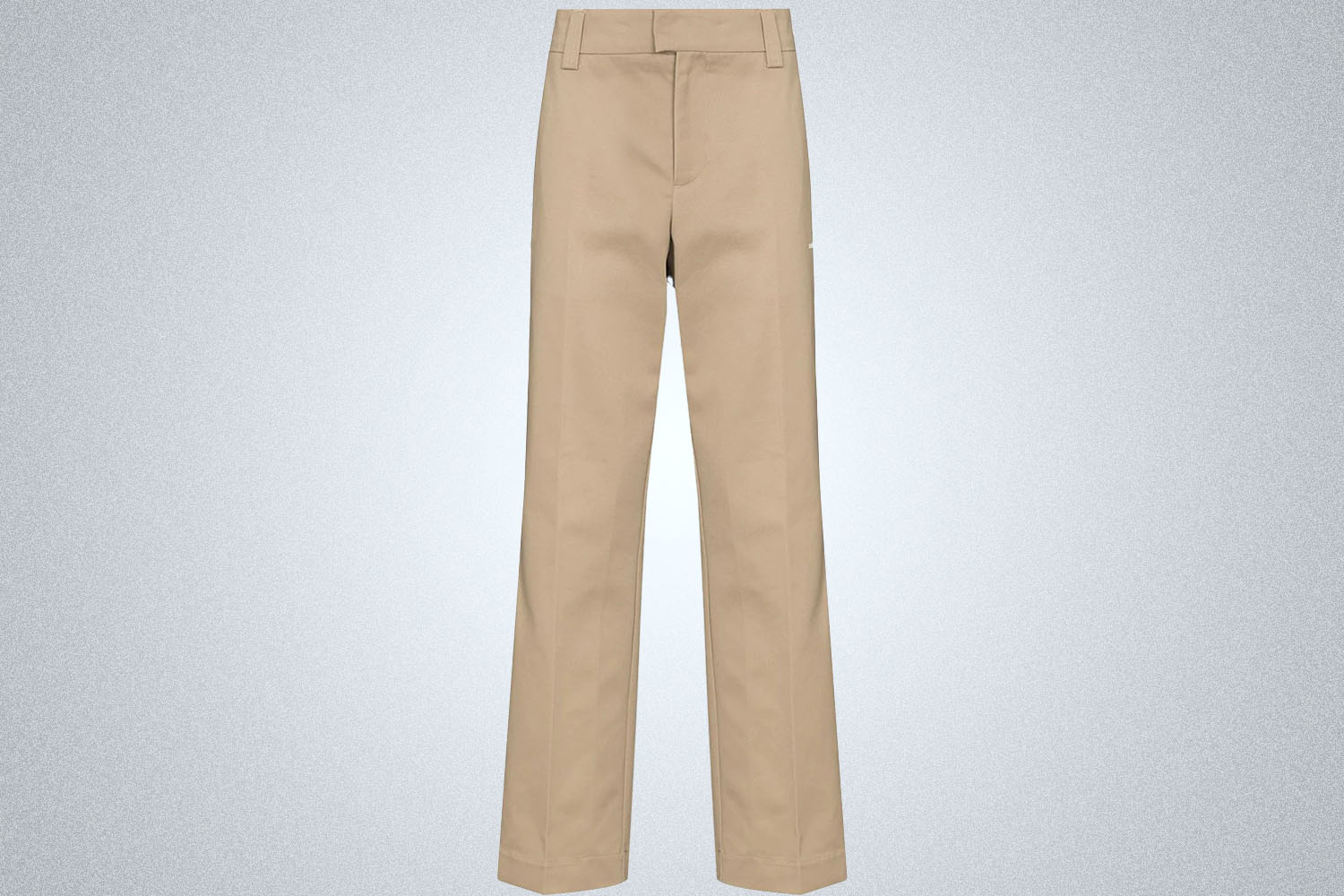 a pair of straight fit tan trousers from soulland on a grey background