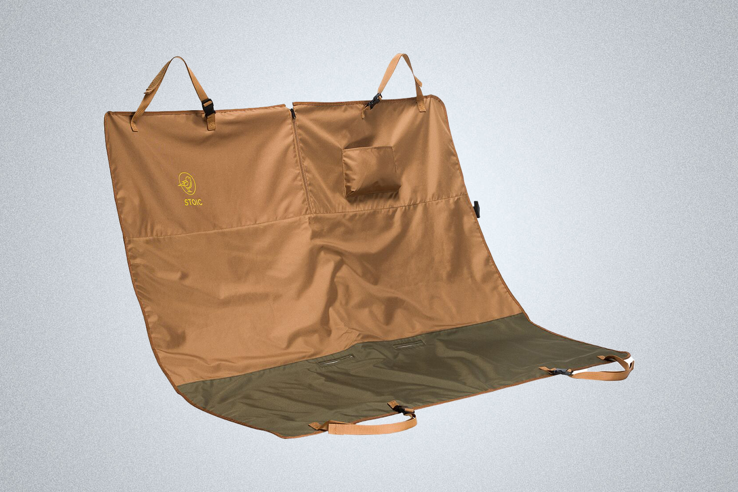 The Stoic Pet Backseat Hammock in brown and green from Backcountry's sitewide Memorial Day Sale