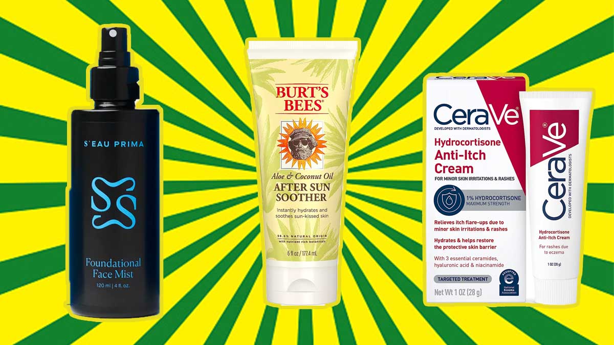 Items to help treat sunburn, according to a Dermatologist, on a green and yellow background