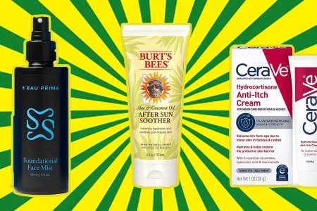 Items to help treat sunburn, according to a Dermatologist, on a green and yellow background