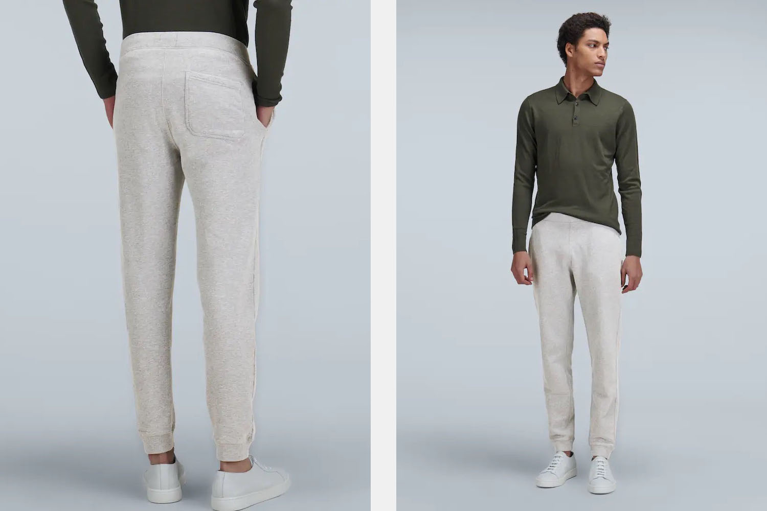 two model shots of Sunspel trackpants on a grey background