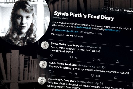 Image shows a screenshot of a twitter account called Sylvia Plath's Food Diary superimposed over a black and white headshot of Sylvia Plath