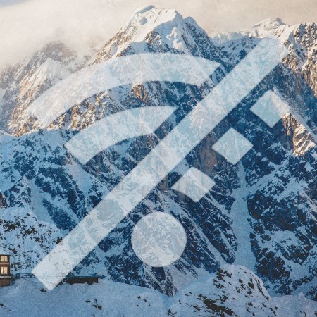 A wi-fi symbol crossed out in front of a mountain range