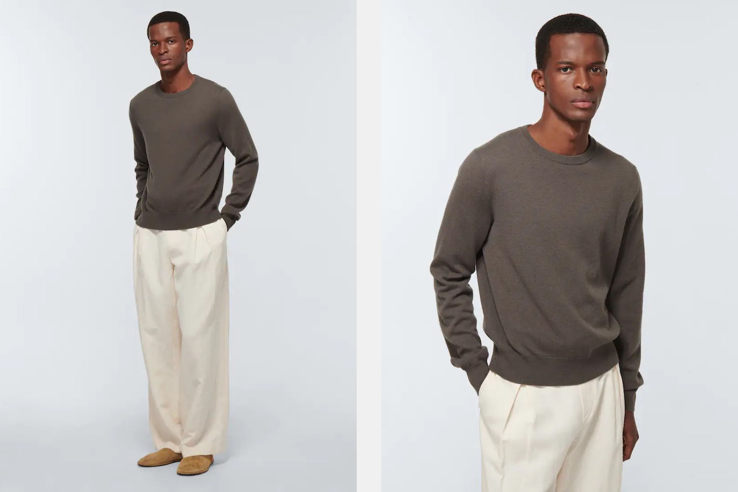 A model wearing The Row Benji cashmere sweater on a grey background
