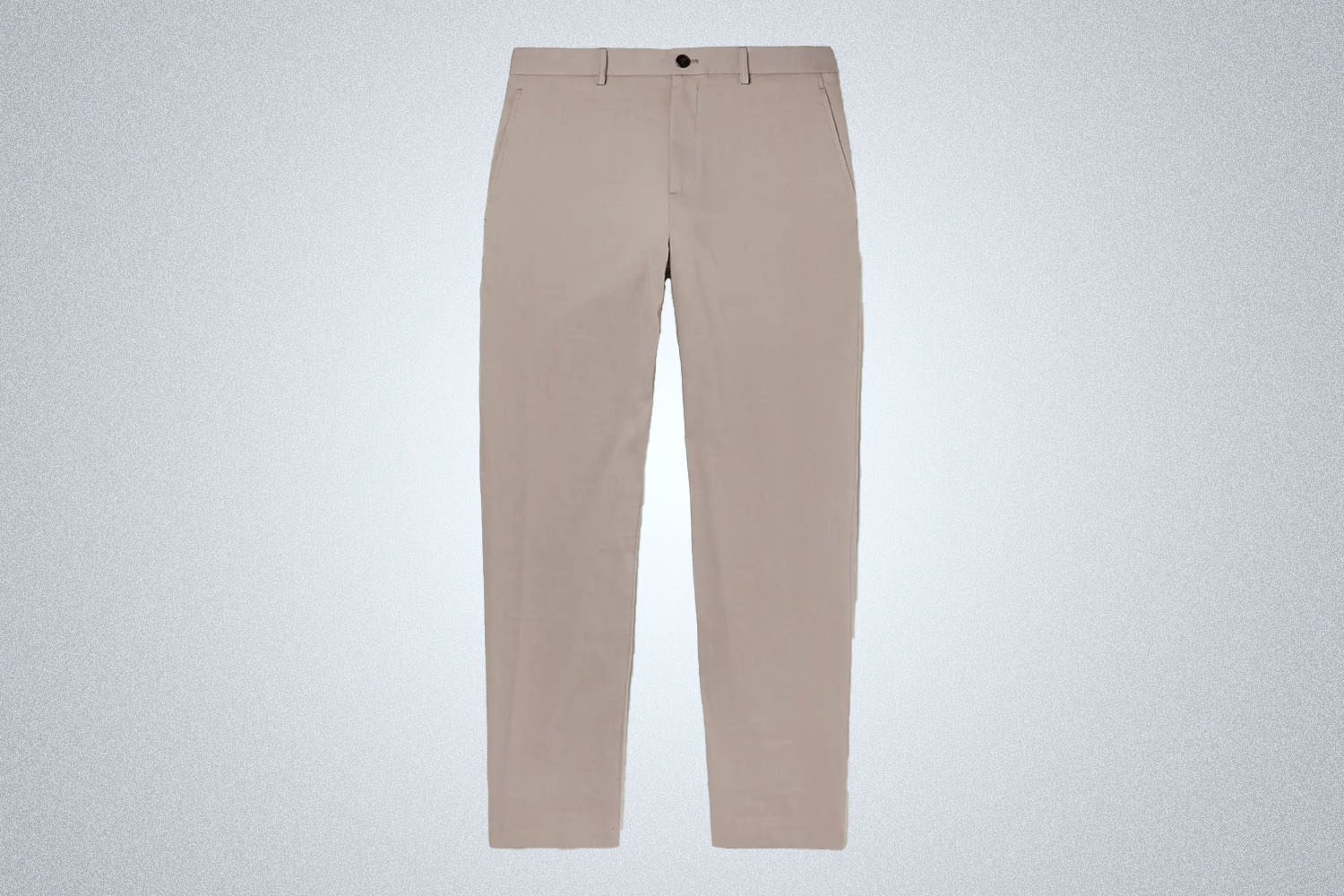a pair of beige trousers from Theory on a grey background