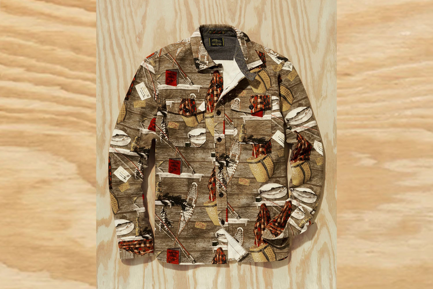 a Todd Snyder x L.L. Bean Printed Shirt on a wooden background