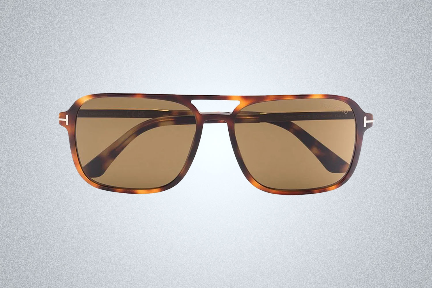 A pair of brown square sunglasses from Tom Ford on a grey background