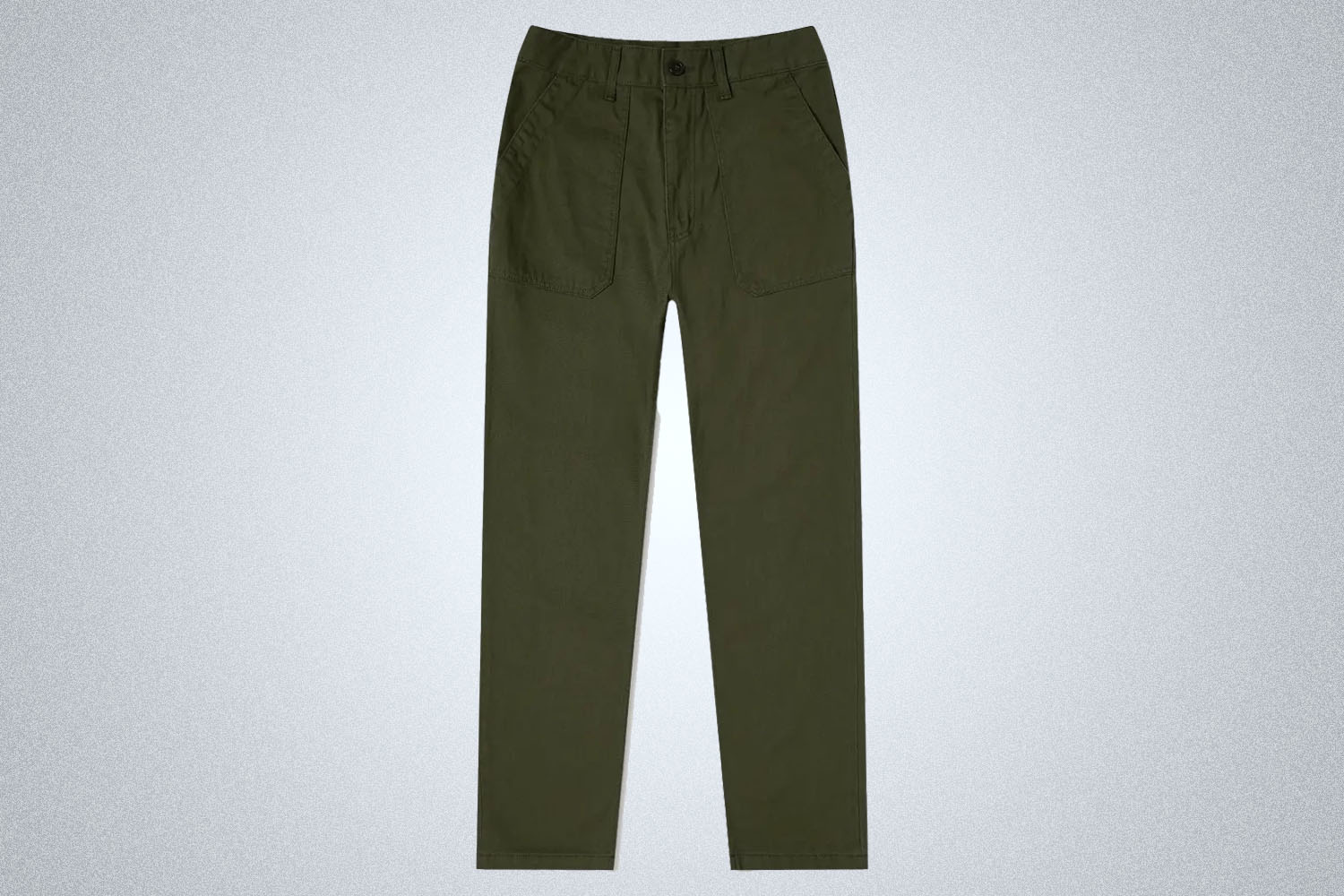 A pair of green fatigue pants from End. Clothing on a grey background