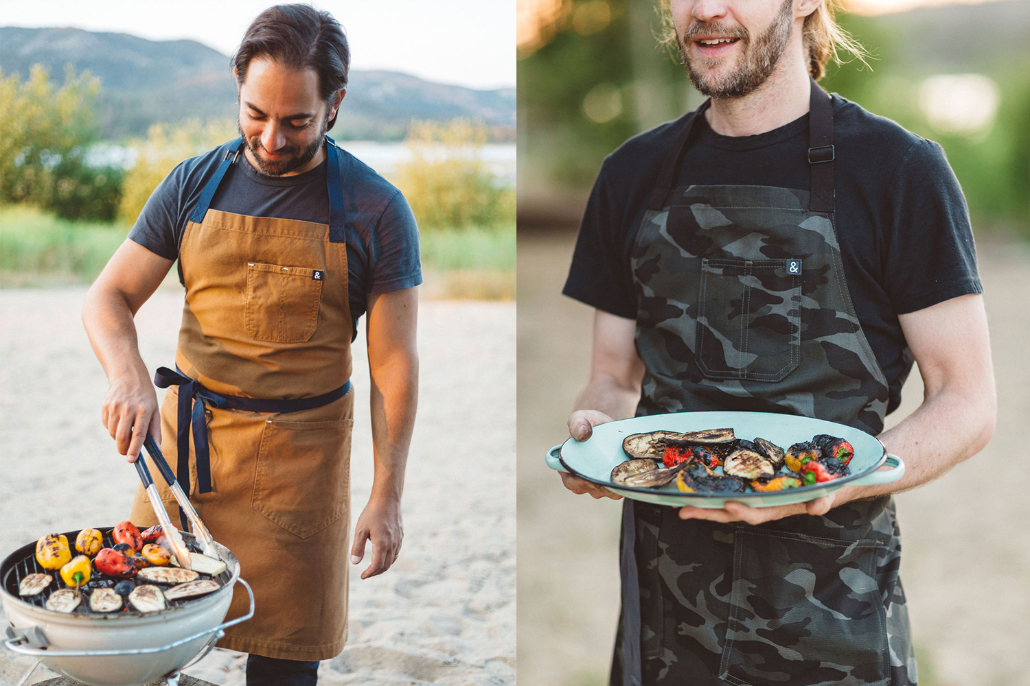 A man grilling and wearing the Denver apron from Hedley & Bennett on the left, on the right a man carrying a plate of grilled food wearing a camouflage apron.