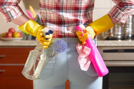 Woman holding cleaning supplies