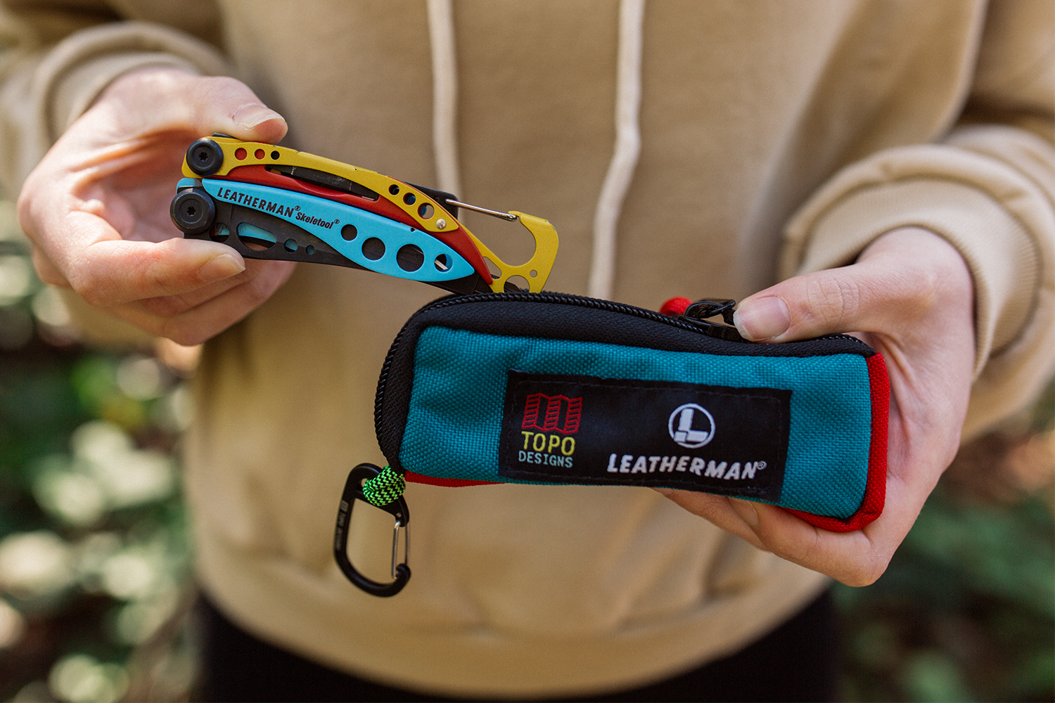 Leatherman's Topo Designs Skeletool, a plier-based multi-tool featuring a custom nylon sheath from the outdoor brand