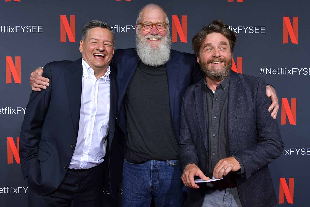 Netflix Chief Content Officer Ted Sarandos, David Letterman and Zach Galifianakis attend the Netflix FYSEE David Letterman ATAS Official at Raleigh Studios on May 23, 2019 in Los Angeles, California.