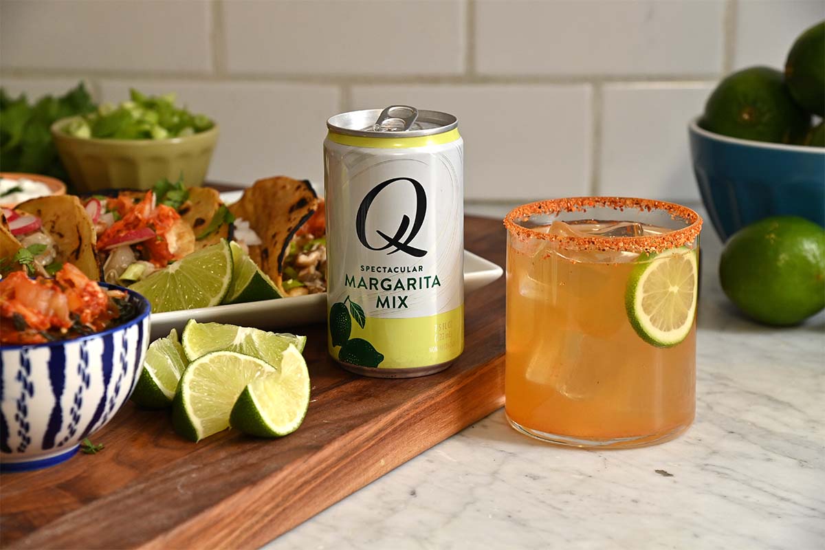 a margarita riff made with Q Mixers on a counter with tacos