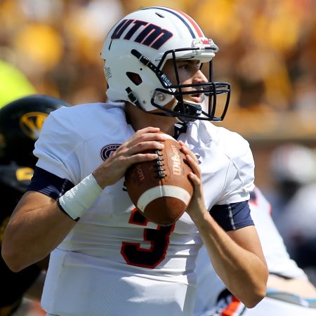 Tennessee-Martin quarterback Dresser Winn looks to pass the ball. Winn signed the first-ever name, image and likeness deal to support a political candidate.