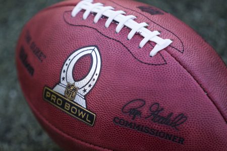 The Pro Bowl logo is seen on a football