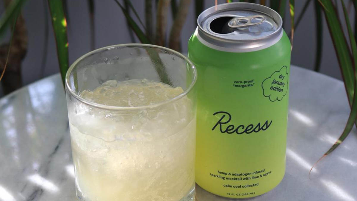 Recess Zero-Proof Margarita in a can and a glass; the limited-edition release is back on sale.
