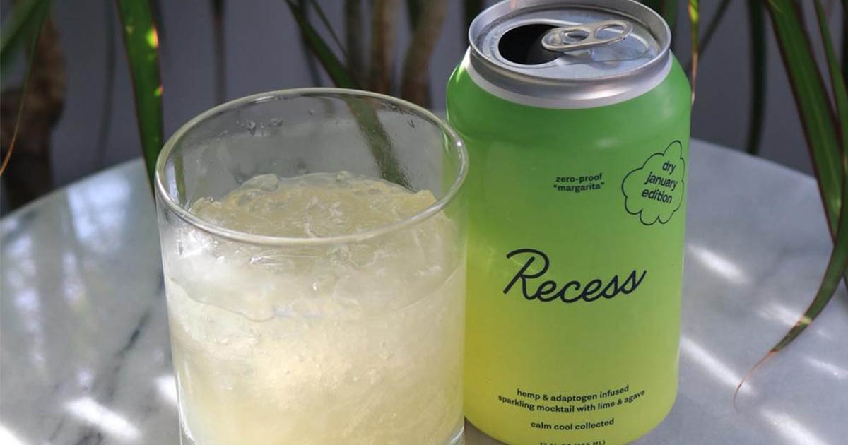Recess Zero-Proof Margarita in a can and a glass; the limited-edition release is back on sale.